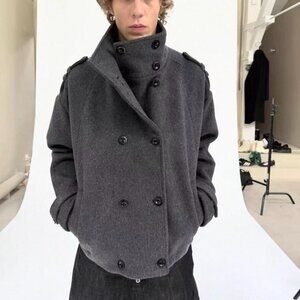 Grey wool blend no faith double breasted jacket with...